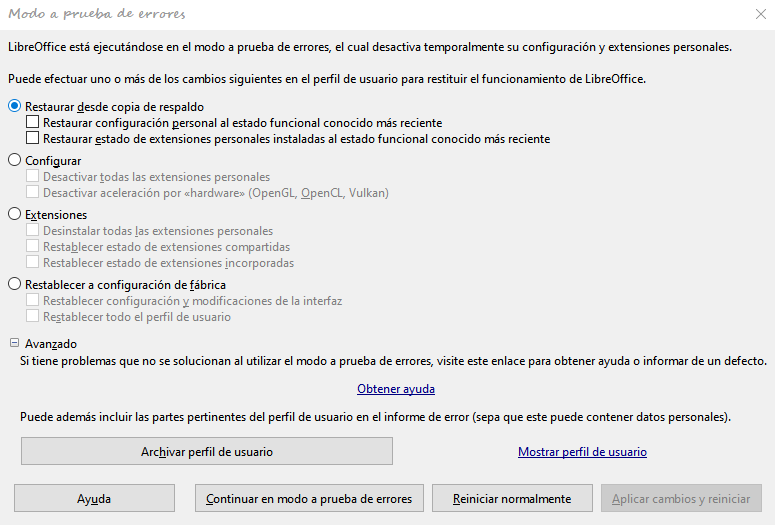 Diálogo Modo a prueba de errores