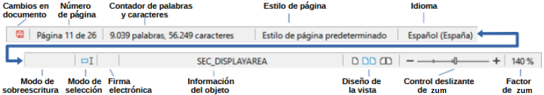 Componentes de la barra de estado de Writer