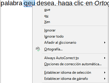 Menú contextual Ortografía