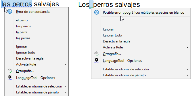Menú contextual para errores gramaticales
