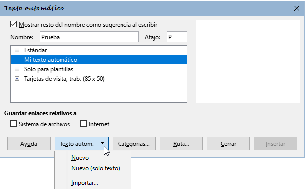Creación de una entrada de Texto automático