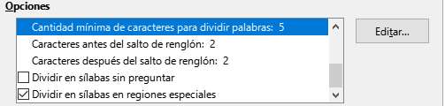Configuración de las opciones de división por sílabas
