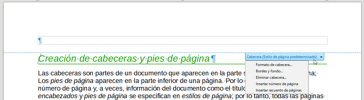 Menú emergente de Cabecera