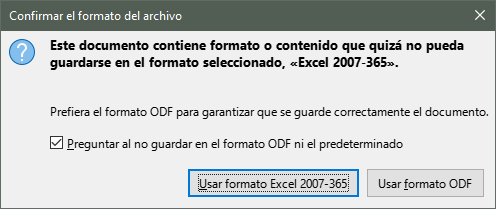 Diálogo de confirmación de formato de archivo