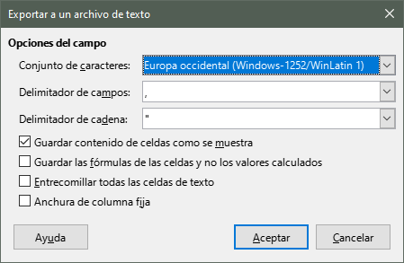 Diálogo Exportar a un archivo de texto CSV