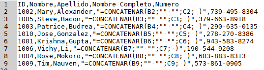 Archivo CSV que contiene valores y fórmulas.