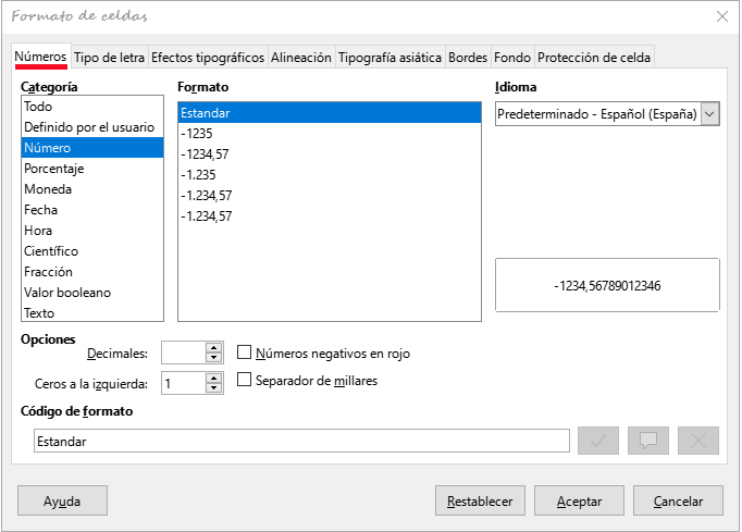 Diálogo Formato de celdas, página Números