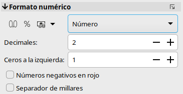 Formato numérico en la página propiedades de la Barra lateral