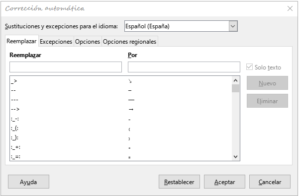 Diálogo de Corrección automática