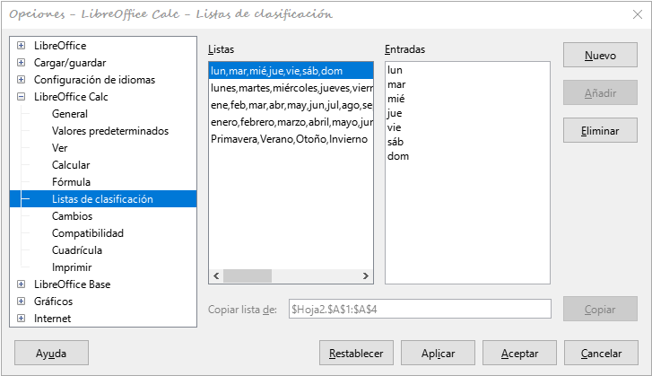 Diálogo Listas de clasificación