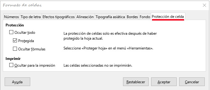 Página Protección de celda del diálogo Formato de celdas