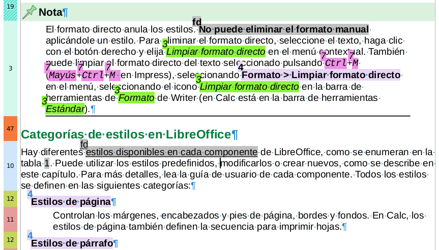 Indicadores de estilos de párrafo, estilos de carácter y formato directo