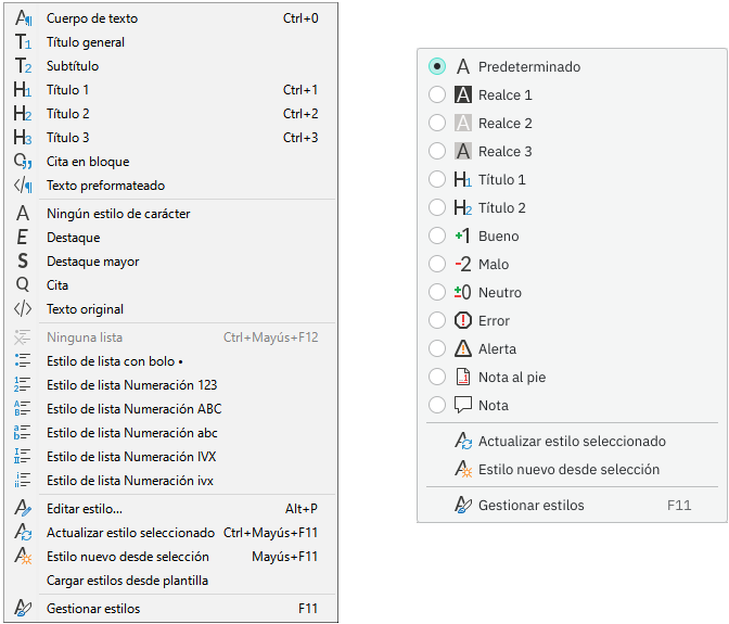 Submenú Estilos de Writer (izquierda) y Calc (derecha)