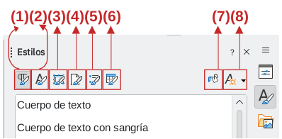 Categorías de estilos y botones de acción