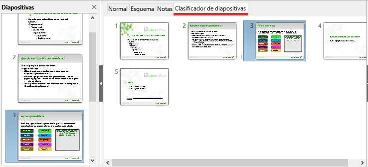 Vista Clasificador de diapositivas en el Área de trabajo