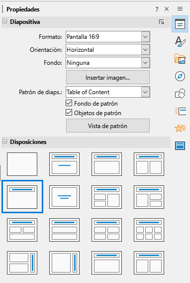 Paneles Diapositiva y Disposiciones en Propiedades (Barra lateral)
