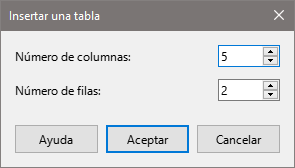 Diálogo Insertar tabla