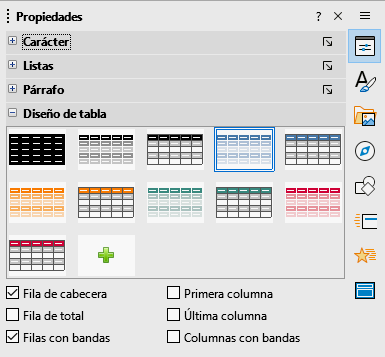 Diseño de tabla en la Barra lateral
