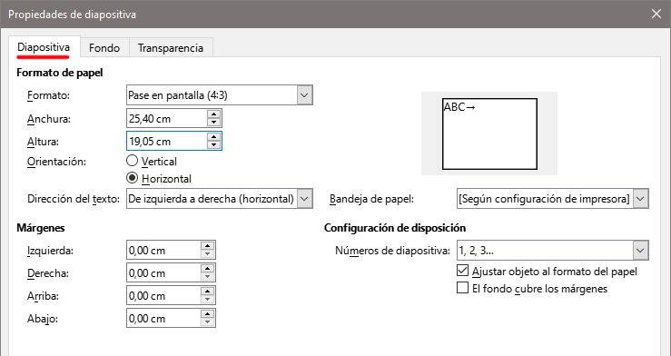 Diálogo Propiedades de diapositiva - página Diapositiva