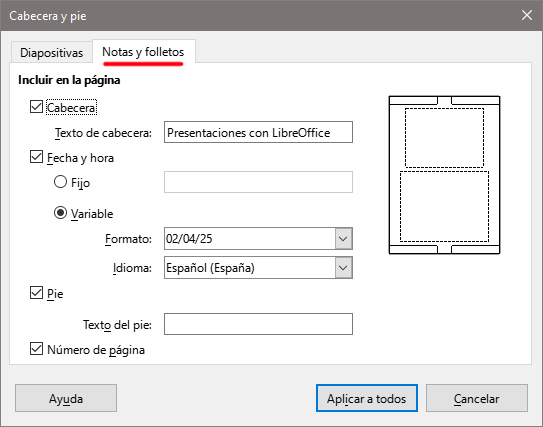 Diálogo Cabecera y pie – página Notas y folletos