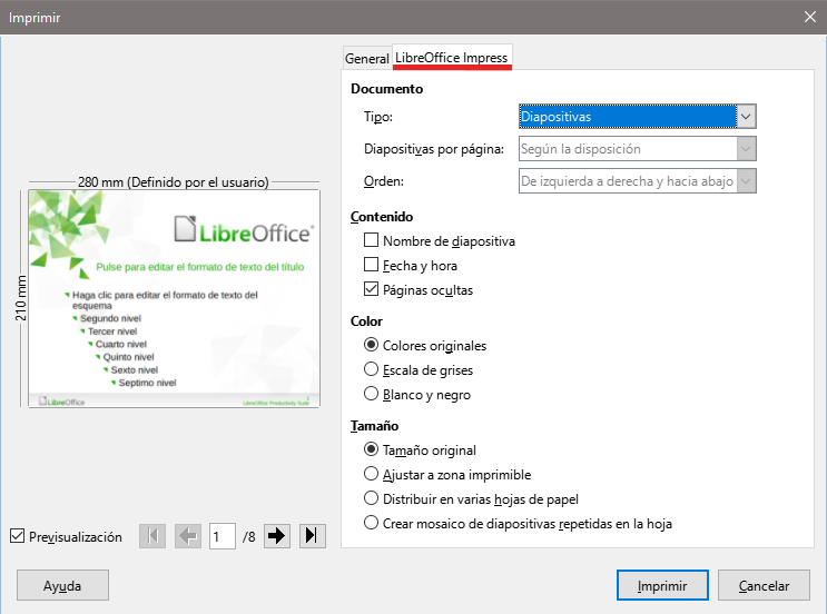 Diálogo Imprimir – página LibreOffice Impress