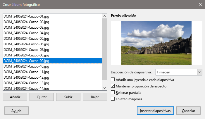 Diálogo Crear álbum fotográfico