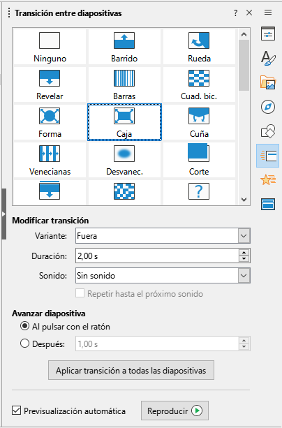 Página Transición entre diapositivas en la Barra lateral