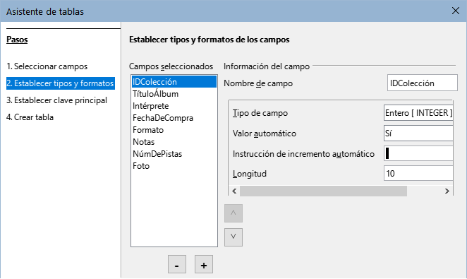 Establecer tipos y formatos de los campos
