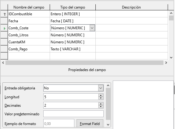 Modificación de las propiedades de los campos