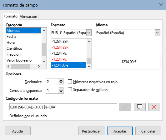 Opciones de Formato de campo