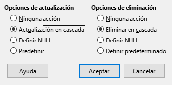 Opciones de actualización y de eliminación