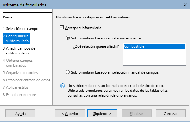 Adición de un subformulario