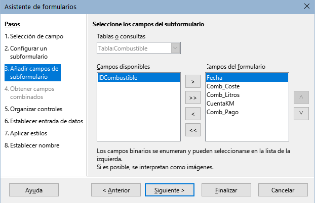 Selección de campos de un subformulario