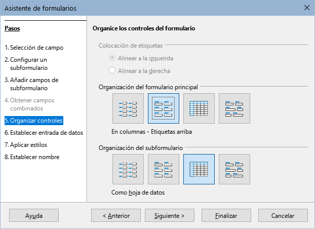 Organizar los controles