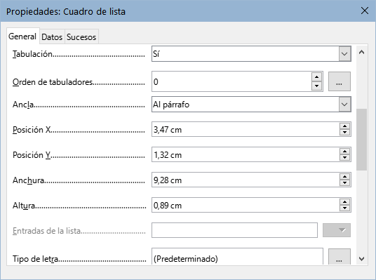 Propiedades del Cuadro de lista