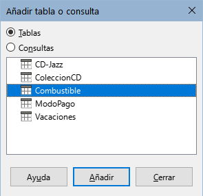 Añadir tabla o consulta
