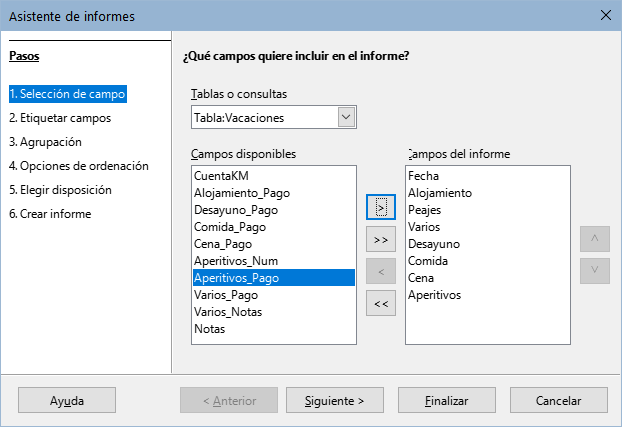 Adición de campos a un informe