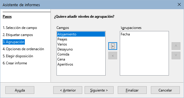 Selección de campos para agrupar datos