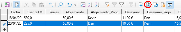Fila seleccionada en la ventana Orígenes de datos