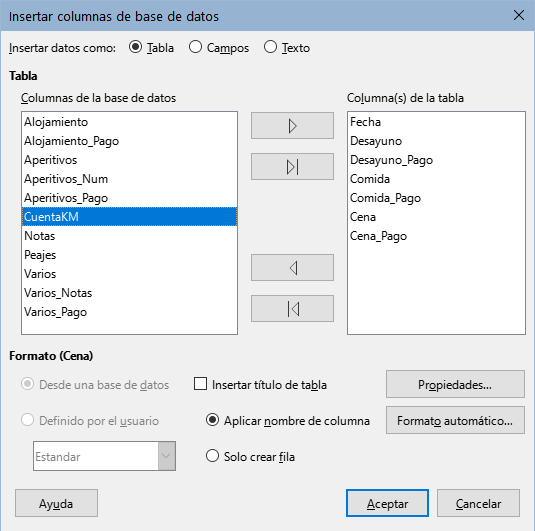 Diálogo Insertar columnas de base de datos