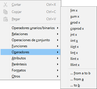 Menú contextual del Editor de fórmulas