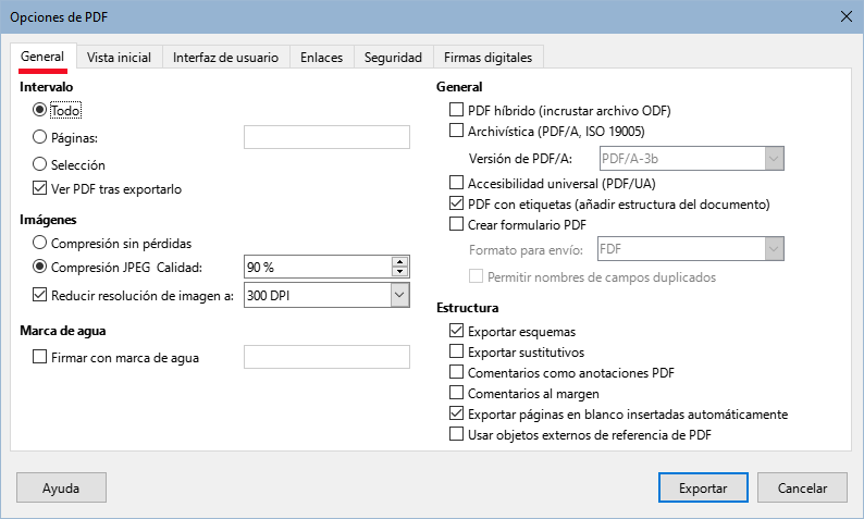 Página General del diálogo Opciones de PDF (Writer)