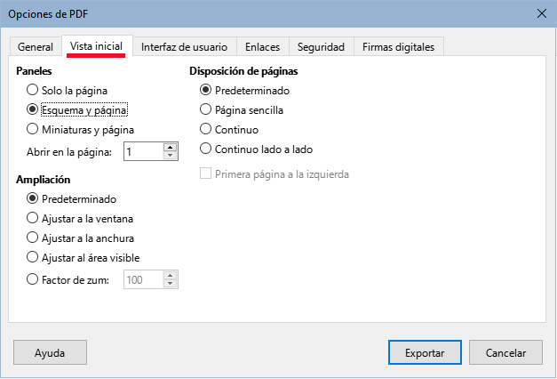 Página Vista inicial del diálogo Opciones de PDF