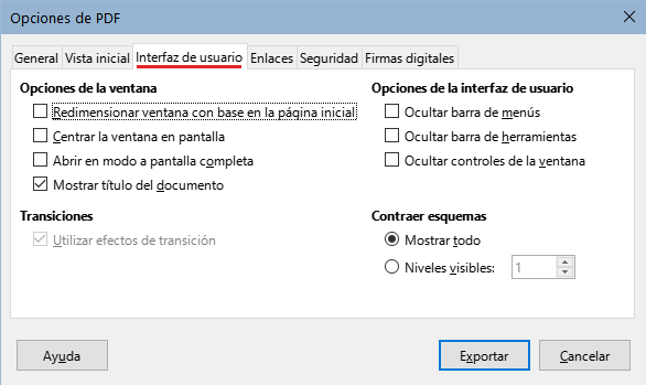 Página Interfaz de usuario del diálogo Opciones de PDF
