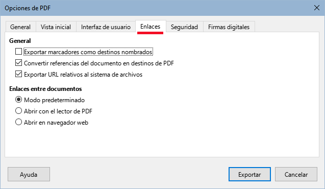 Página Enlaces del diálogo Opciones de PDF