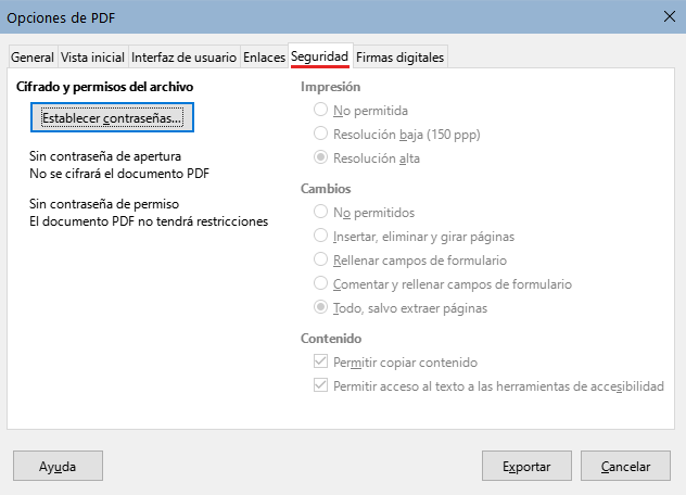 Página Seguridad del diálogo Opciones de PDF