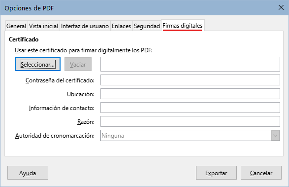 Página Firmas digitales del diálogo Opciones de PDF