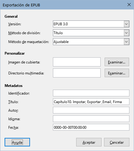 Diálogo Exportación de EPUB
