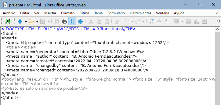 Modo de visualización Código fuente de HTML
