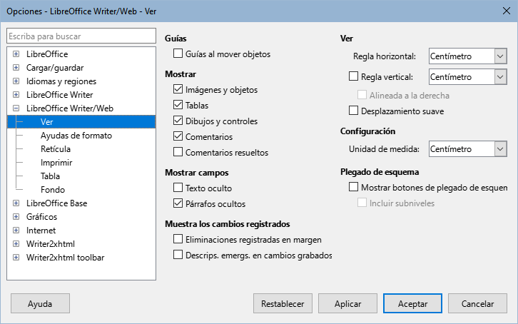 Opciones de Writer/Web